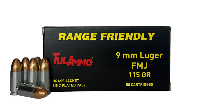 9 mm Luger (9x19) с пулей FMJ 115 gr (7,5 г) с латунной оболочкой и стальной гильзой с цинковым покрытием